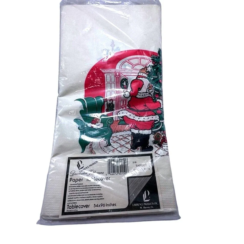 Lawrence‎ Products Vintage Christmas Santa Paper Tablecover 54x96 New Sealed USA